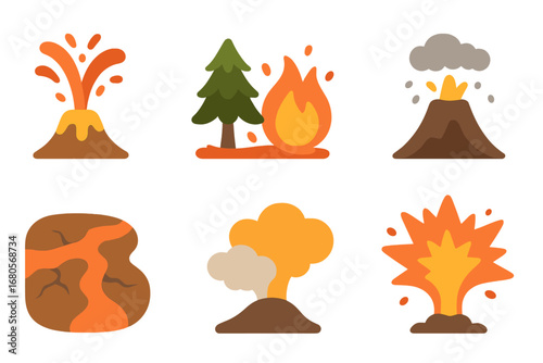 Volcano Icons Grid. Flat vector mini-illustrations volcanic eruption in colors children's illustrations: lava fountain, burning