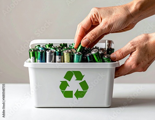 Person placing used batteries into a recycling bin for proper disposal and environmental care.