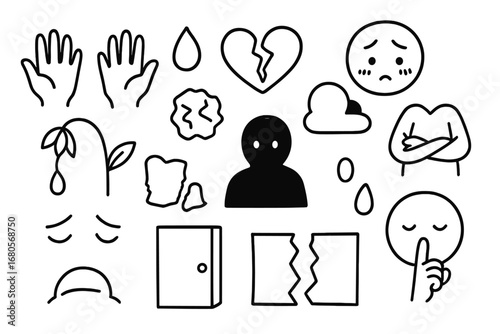 Vulnerability Icons Collection. Hand-drawn doodle illustration vulnerability open hands, tear drop, broken heart, shy face, folded