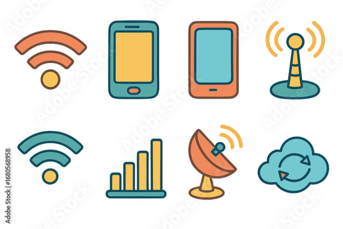 Wireless Icon Grid. Flat vector mini-illustrations wireless network in colors children's illustrations: Wi-Fi symbol, smartphone,