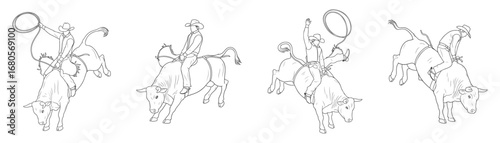 Dynamic rodeo bull riding vector illustration set showing cowboy rider in multiple action poses, professional western rodeo competition bull rider line art graphics for sports, events, and design