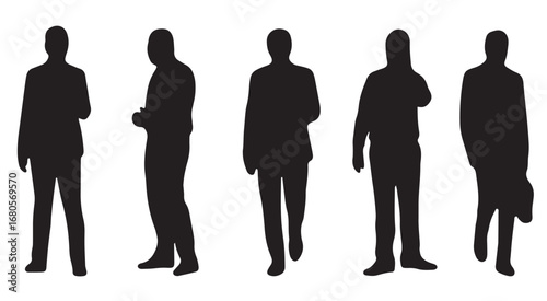 Vector Silhouettes of People, Standing and Walking Figures, Isolated on White Background