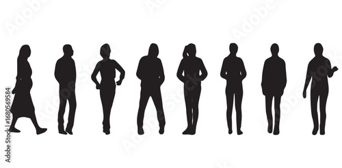 Vector Silhouettes of People, Standing and Walking Figures, Isolated on White Background