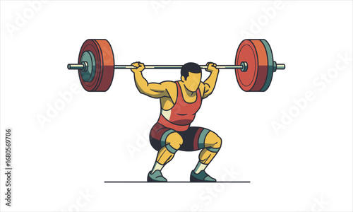 Weightlifter Performing a Squat with a Heavy Barbell Overhead, Vector Illustration.