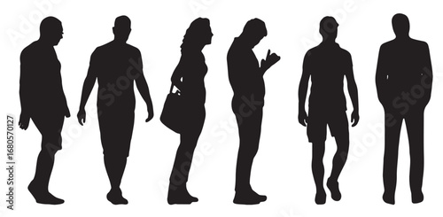Vector Silhouettes of People, Standing and Walking Figures, Isolated on White Background