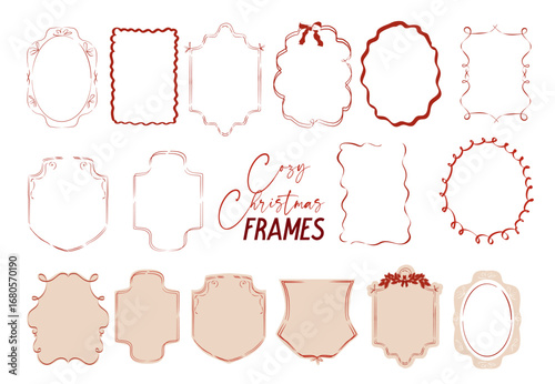 Collection of cozy hand-drawn Christmas frames in festive red tones. Perfect for holiday cards, labels, tags, and invitations.