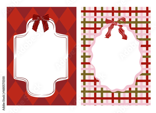 Two festive Christmas frames with bow accents, featuring bold red harlequin and cozy plaid patterns. Perfect for holiday cards, printable tags, festive labels, and scrapbooking projects.
