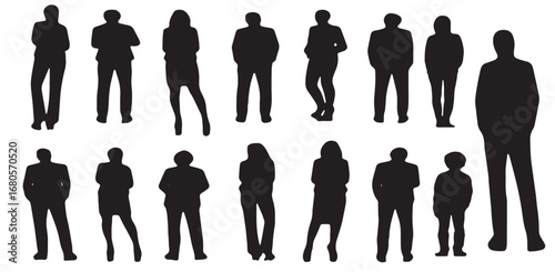Vector Silhouettes of People, Standing and Walking Figures, Isolated on White Background