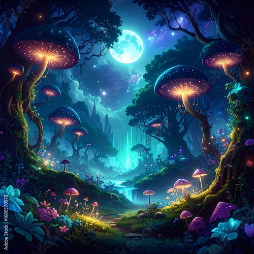 A vibrant fantasy forest bathed in magical moonlight, featuring glowing mushrooms and luminous flora.