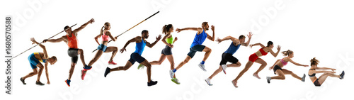 Fotografía Isolated lineup of nine athletes sprinting, jumping, and throwing javelin on white collage