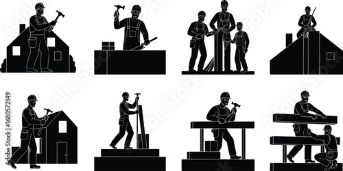 Construction workers, hammering, house building, teamwork, carpentry work, manual labor, safety helmets, construction site, building project, wooden beams, skilled laborers, house framing, teamwork 