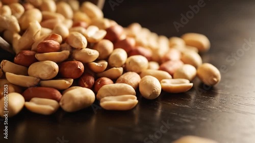 Close Up of Shelled Peanuts Cascading onto Dark Wood Surface Depicting Healthy Eating Concept. Perfect Stock Footage for Advertising Natural and Healthy Foods. Excellent Still Life Close Up