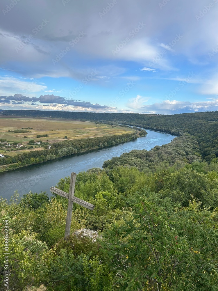 Fototapeta premium Scenic Dniester River Valley with Wooden Cross in Moldova
