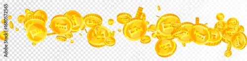 Swiss franc coins falling. Gold scattered CHF