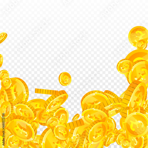 British pound coins falling. Scattered gold GBP