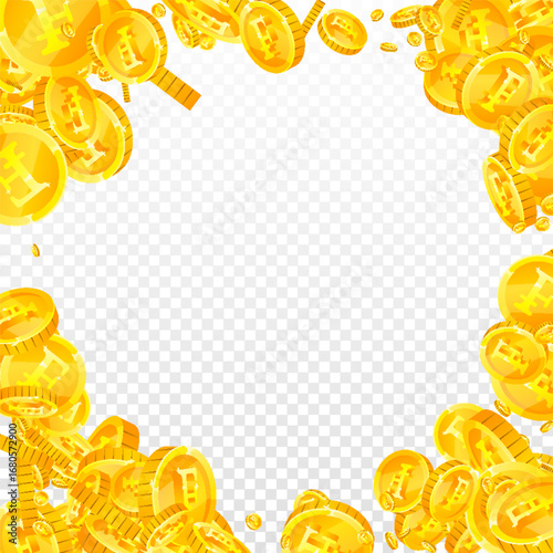 Swiss franc coins falling. Gold scattered CHF