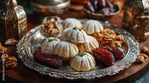 Maamoul cookies and dates on silver tray.