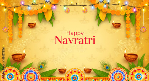 Happy Navratri wishes with marigold flower festive decoration
