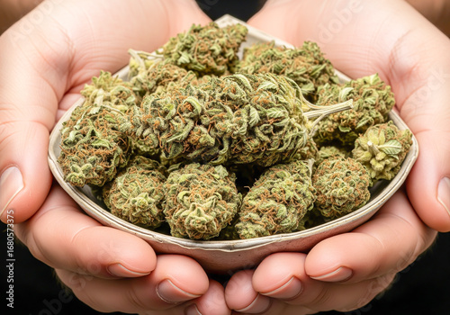 
hands hold hemp inflorescences symbolizing the legal origin of organic cannabinoid medicines