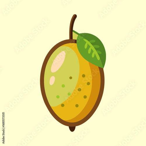 Illustration of a bright and cheerfully designed lemon with a single leaf