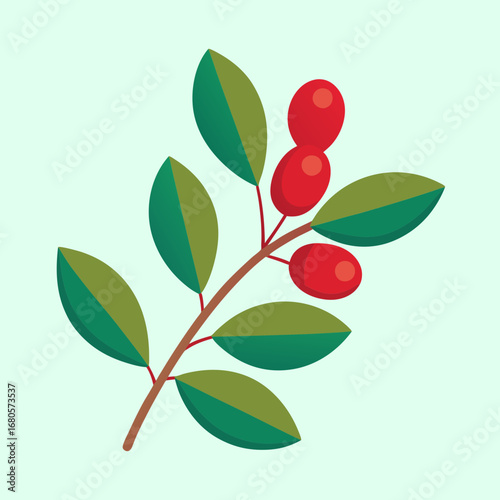 Stylized illustration of a branch with leaves and vibrant red berries