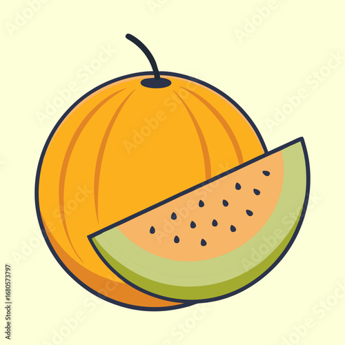 Illustration of a cartoon cantaloupe with a slice cut out of it