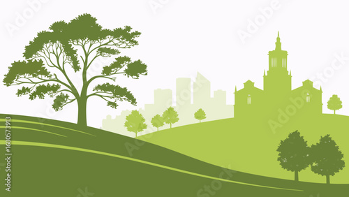 Green cityscape with rolling hills and a large tree