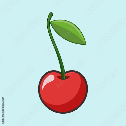 Cartoon drawing of a single red cherry with a green leaf