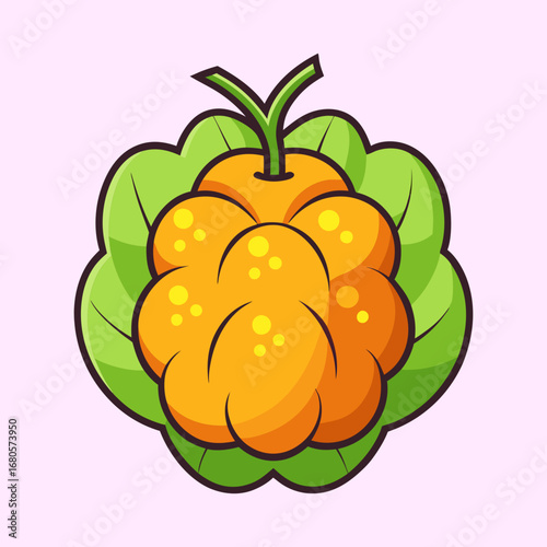 Cartoon illustration of a yellow colored cloudberry fruit with green leaves