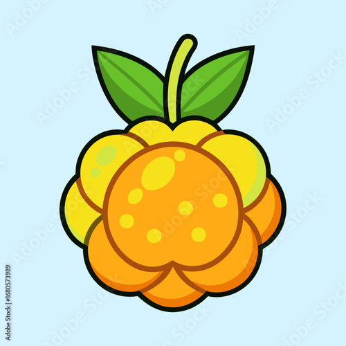 Cartoon depiction of a cloudberry fruit with leaves on light blue background