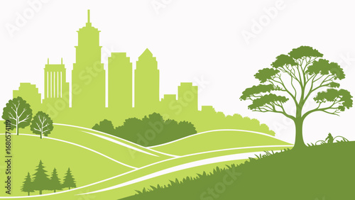 Green city landscape with rolling hills and a tree