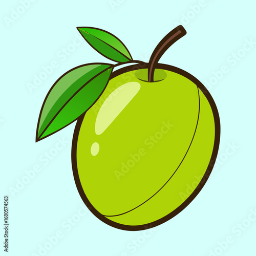 Cartoon green apple with leaves on a light blue background illustration