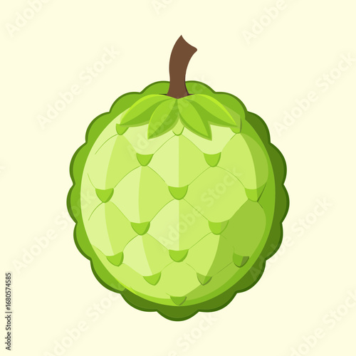 Illustration of a single bright green custard apple on light background