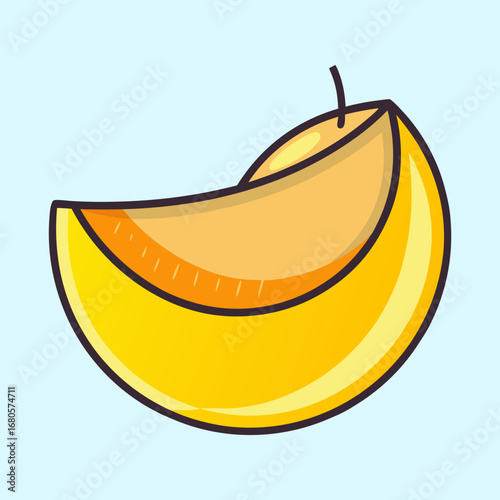 Cartoon depiction of a peach slice with vibrant colors on light blue
