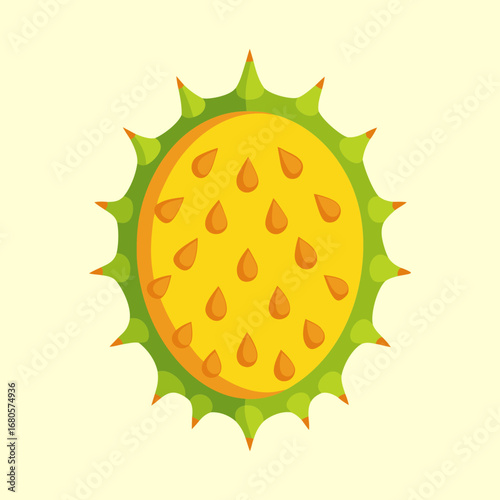 Cartoon illustration of a kiwano melon fruit with spiky green skin