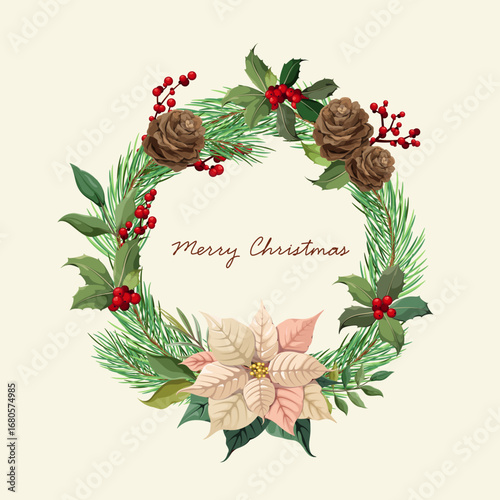 Merry Christmas. A beautiful wreath of poinsettias, red berries, and pine cones. Vector.