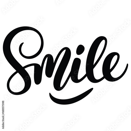 Handwritten calligraphy of the word smile in elegant black lettering on a white background