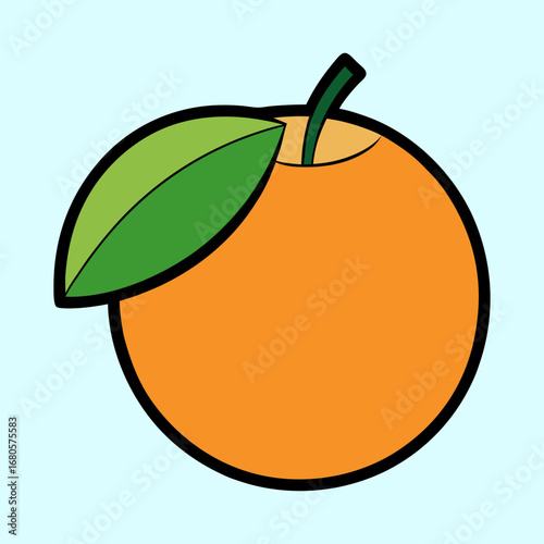 A delightful and simple orange with a leaf on a light blue background