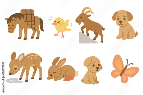Animal Hardships Icons. Flat vector mini-illustrations hardship in animals in colors children's illustrations: tired horse,