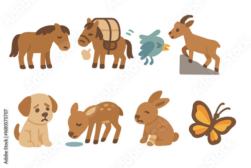 Animal Hardships Icons. Flat vector mini-illustrations hardship in animals in colors children's illustrations: tired horse,