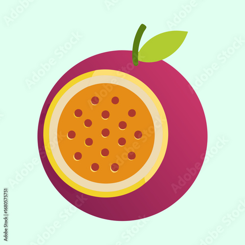 A digitally created colorful passion fruit illustration with green leaf and light background