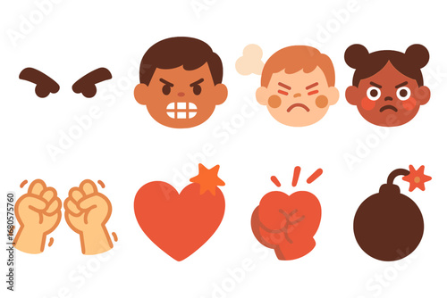 Angry Icons Grid. Flat vector mini-illustrations anger expressions in colors children's illustrations: furrowed brows, clenched