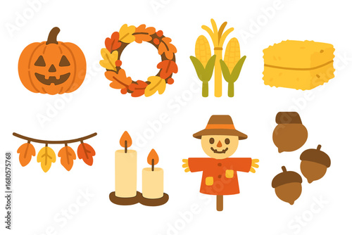 Autumn Decor Icons. Flat vector mini-illustrations fall decorations in colors children's illustrations: pumpkin lantern, wreath,