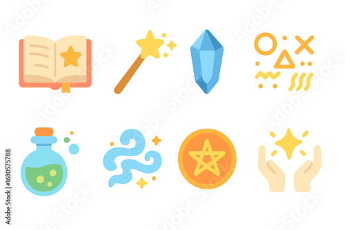 Arcane Magic Icons. Flat vector mini-illustrations arcane spells in colors children's illustrations: spell book, magic wand,