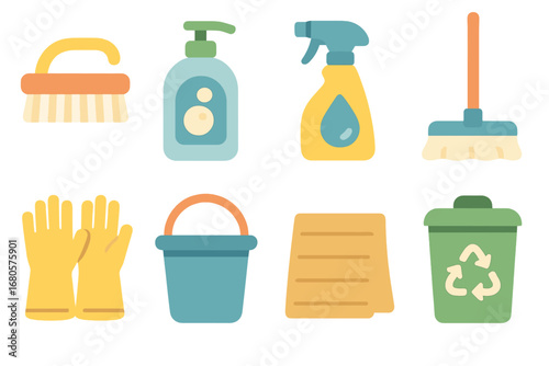 Cage Cleaning Essentials. Flat vector mini-illustrations cage cleaning and maintenance in colors children's illustrations: