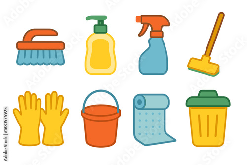 Cage Cleaning Essentials. Flat vector mini-illustrations cage cleaning and maintenance in colors children's illustrations: