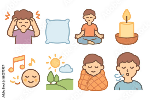 Calm and Cozy Icons. Flat vector mini-illustrations mental breakdown and relaxation in colors children's illustrations: meditation