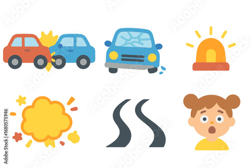 Car Collision Icons. Flat vector mini-illustrations crash wreck in colors children's illustrations: two cars collision, broken