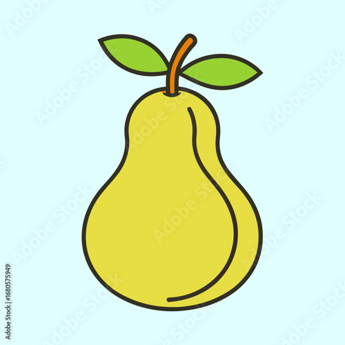 Illustration of a simple yellow pear with green leaves on blue background