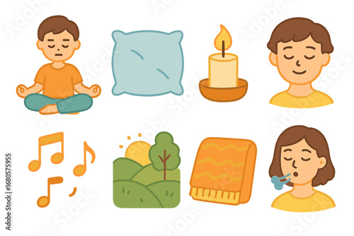 Calm and Cozy Icons. Flat vector mini-illustrations mental breakdown and relaxation in colors children's illustrations: meditation